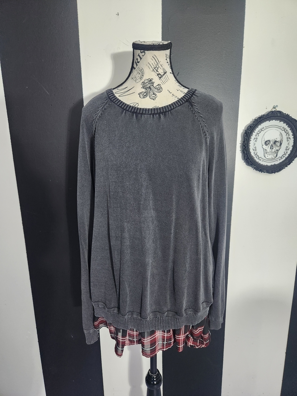 Love & Legend Gray Top with Red Plaid Trim